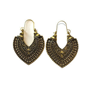 Vintage Style Bollywood Dangle Hoop Earrings Antiqued Gold Tone Pierced Filigree